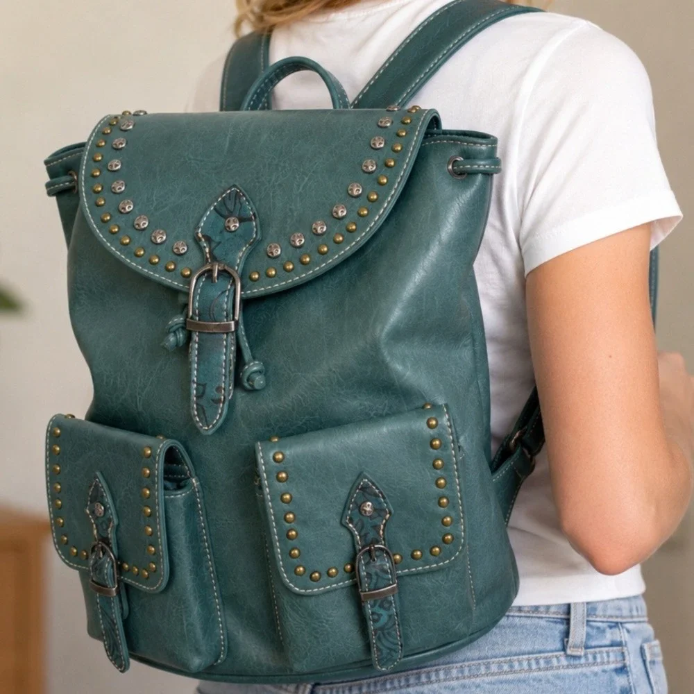 American‎ Bling Teal Blue Western Studded Backpack and Wallet 2 Piece Set NEW